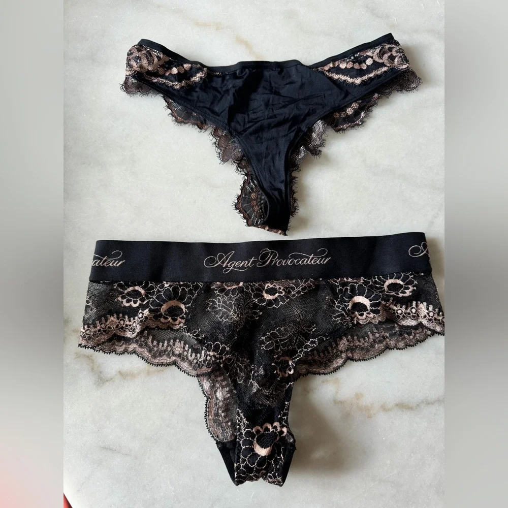 Agent Provocateur Aston Black & Pink Lace Brief & Thong Set Medium Size 2